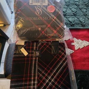 Victoria's Secret Black and Red Plaid Tote And Large sherpa Lines Blanket